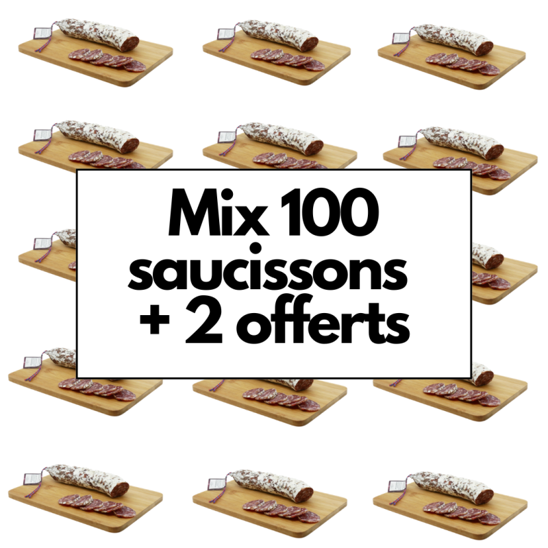 Mix de 100 saucissons + 2 saucissons offerts - pour les professionnels - La Cerise sur l'Apéro Mix de 100 saucissons + 2 saucissons offerts - pour les professionnels - La Cerise sur l'Apéro
